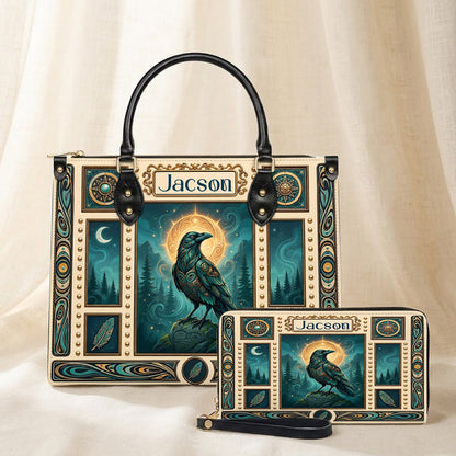 Native Raven Pattern Leather Bag