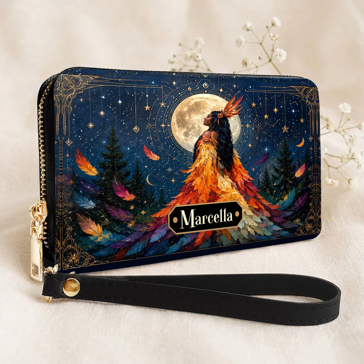 Moonlit Feather Grace Personalized Leather Bag