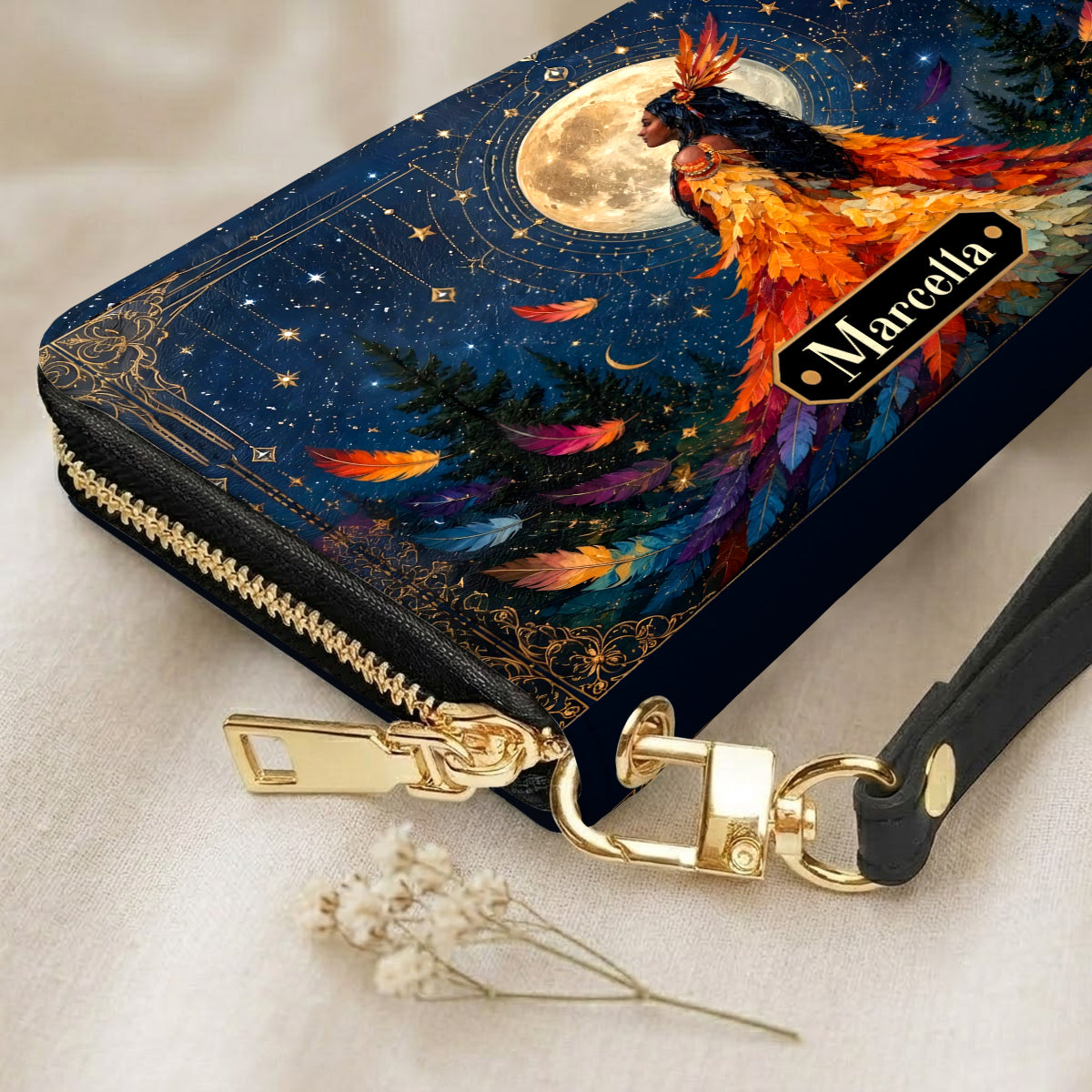 Moonlit Feather Grace Personalized Leather Bag