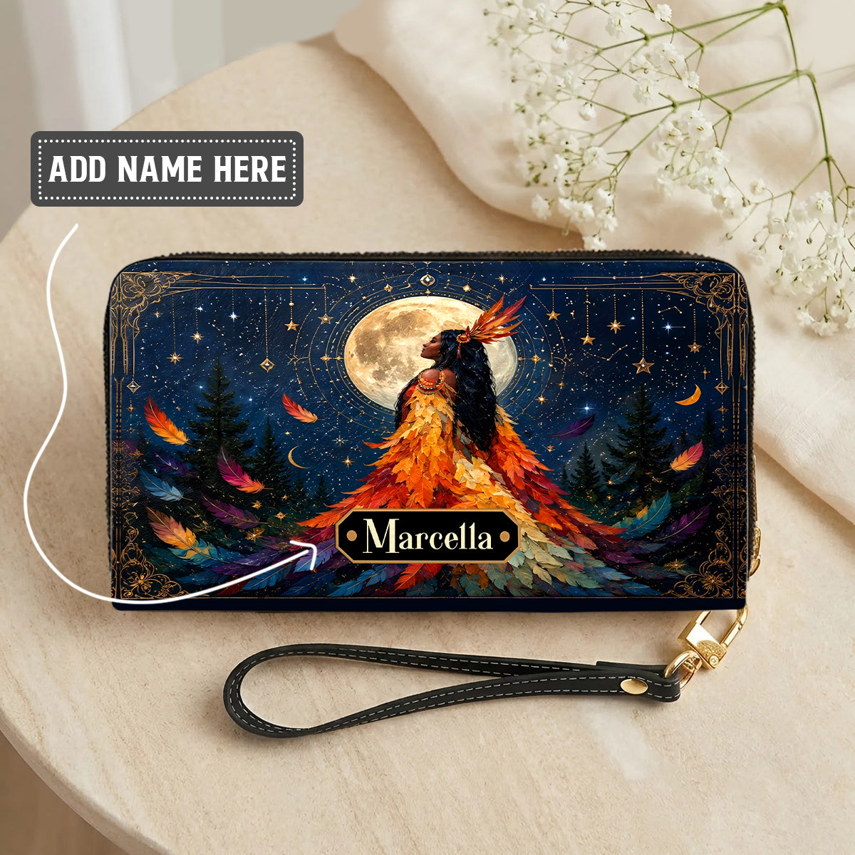 Moonlit Feather Grace Personalized Leather Bag