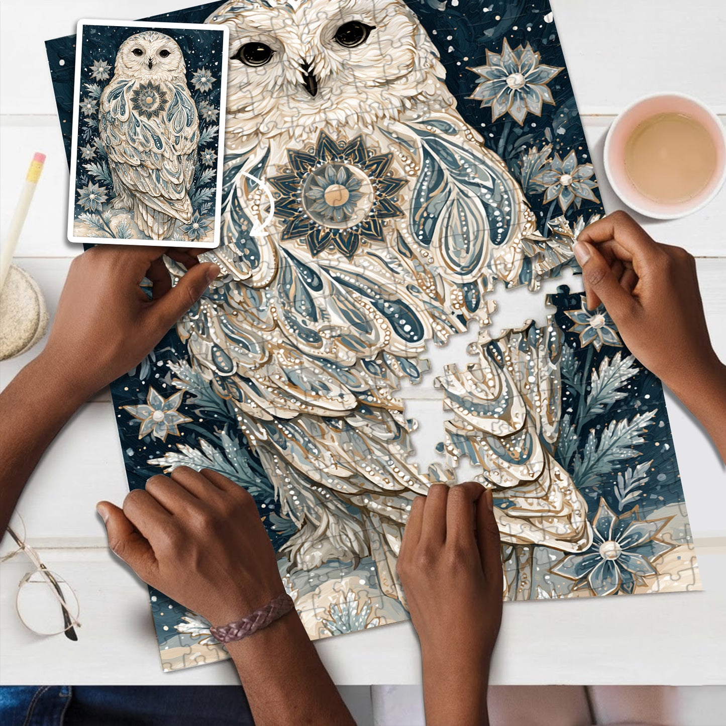 The Snowy Owl And The Falling Snowflake – Variant Acrylic/ Wooden Jigsaw Puzzle (300 / 500 / 1000 Pieces)