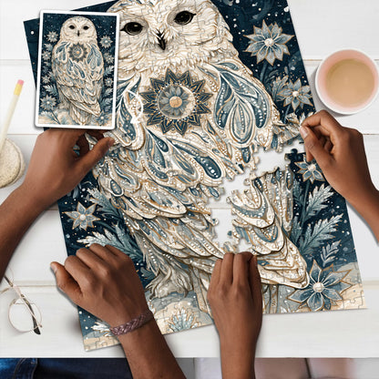 The Snowy Owl And The Falling Snowflake – Variant Acrylic/ Wooden Jigsaw Puzzle (300 / 500 / 1000 Pieces)