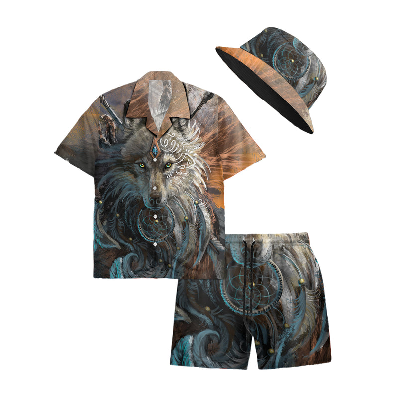 Native Wolf Pattern Hawaiian Shirt New - 86016