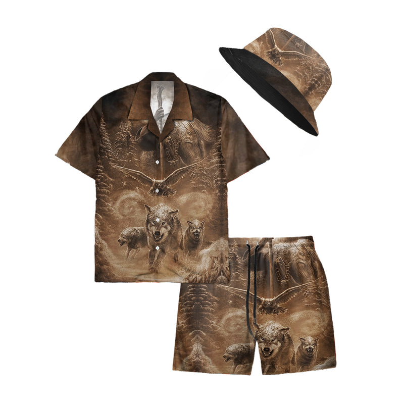 Native Wolf Pattern Hawaiian Shirt New - 86037