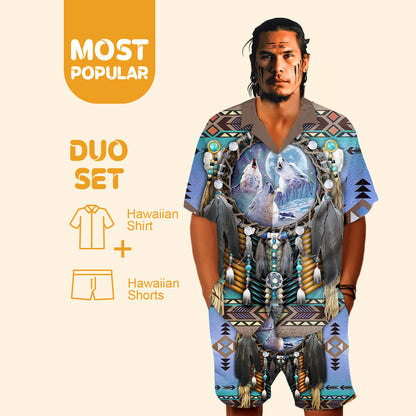 Native Wolf Pattern Hawaiian Shirt New - 86006