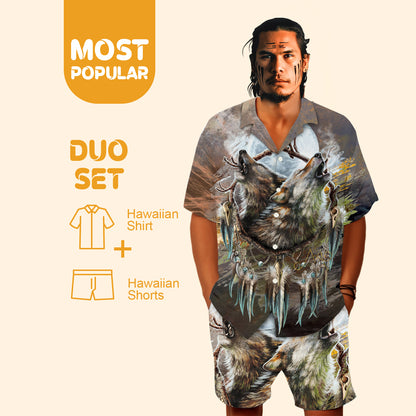 Native Wolf Pattern Hawaiian Shirt New - 86029