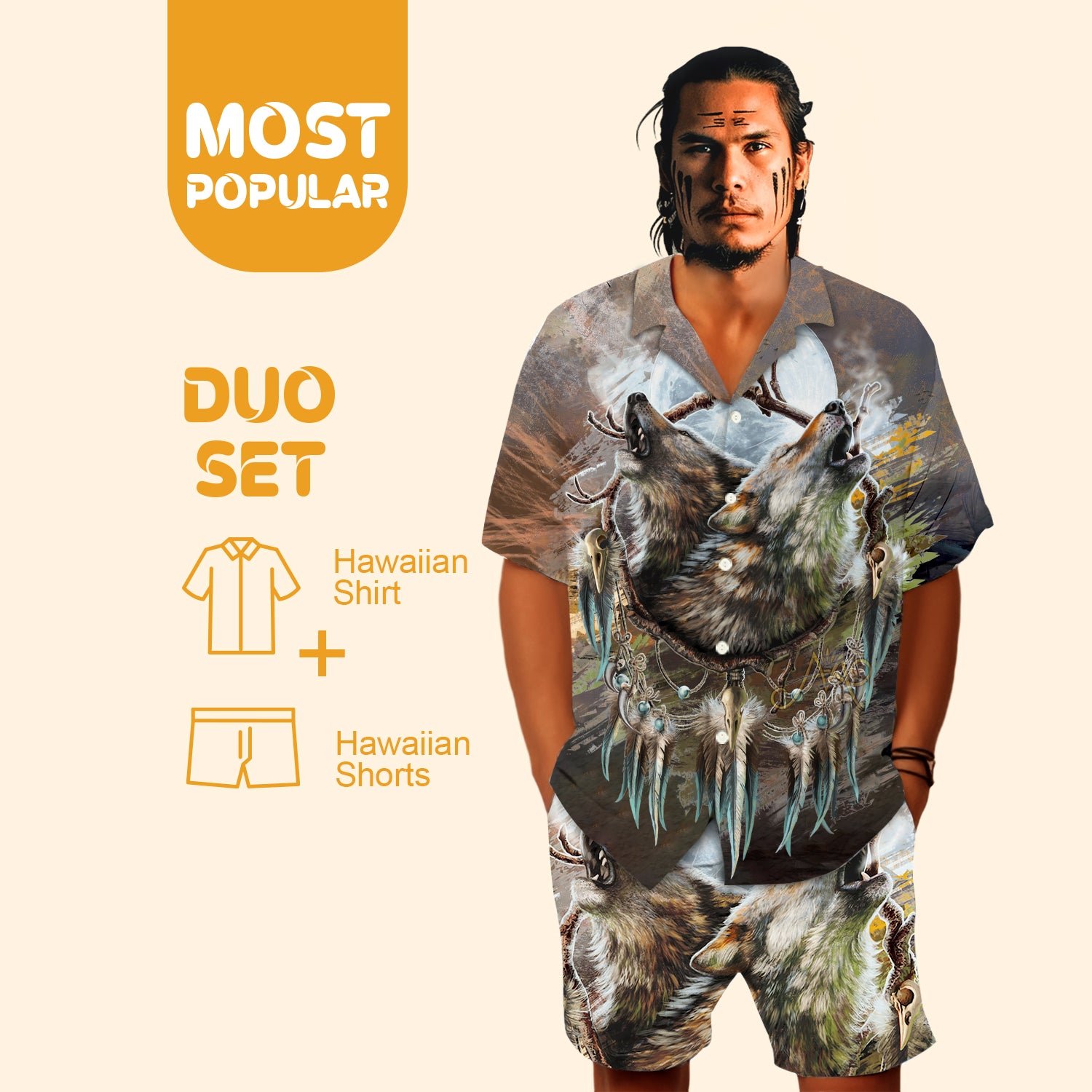 Native Wolf Pattern Hawaiian Shirt New - 86029