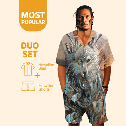 Native Wolf Pattern Hawaiian Shirt New - 86016