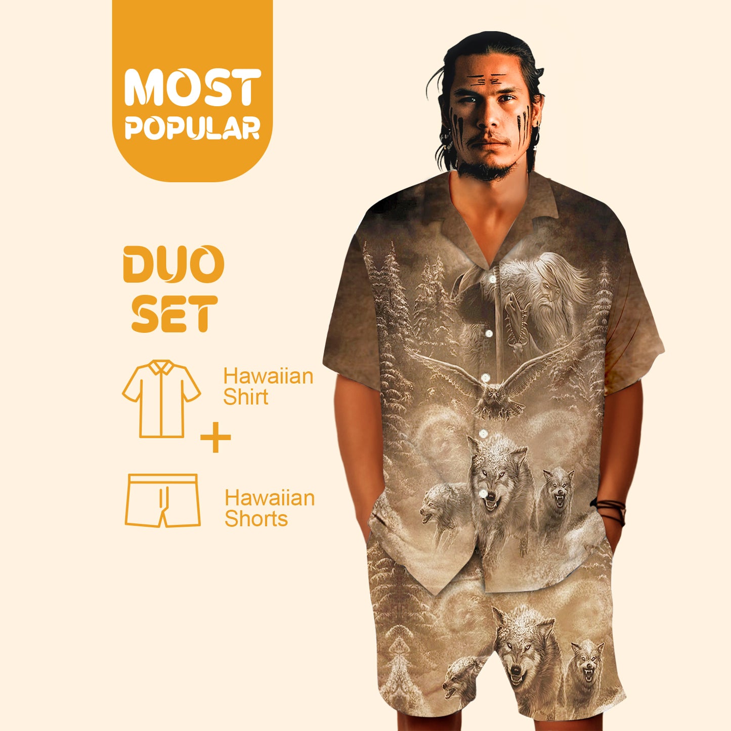 Native Wolf Pattern Hawaiian Shirt New - 86037