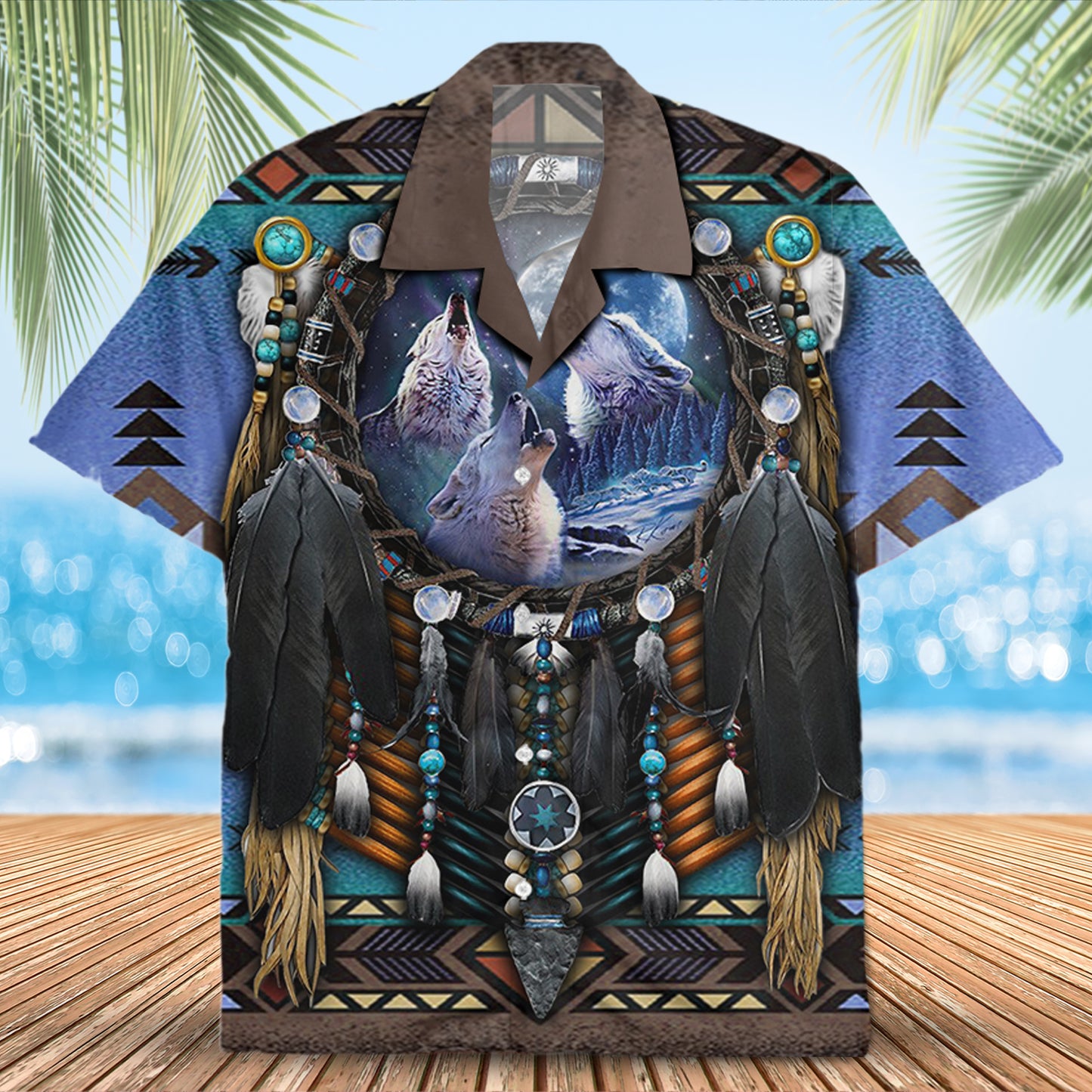 Native Wolf Pattern Hawaiian Shirt New - 86006