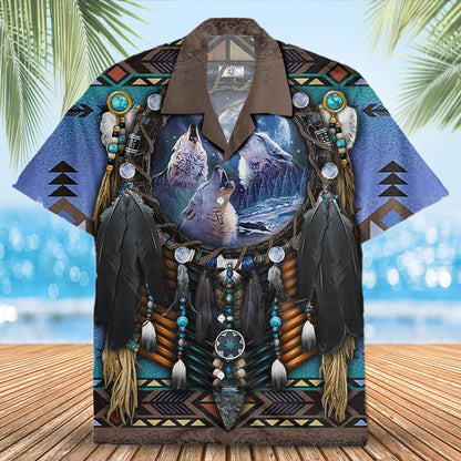 Native Wolf Pattern Hawaiian Shirt New - 86006