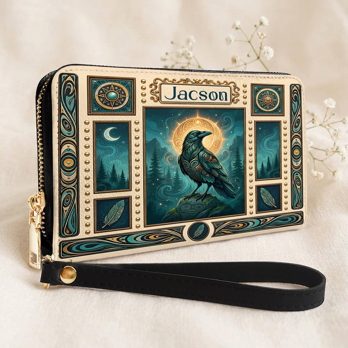 Native Raven Pattern Leather Bag