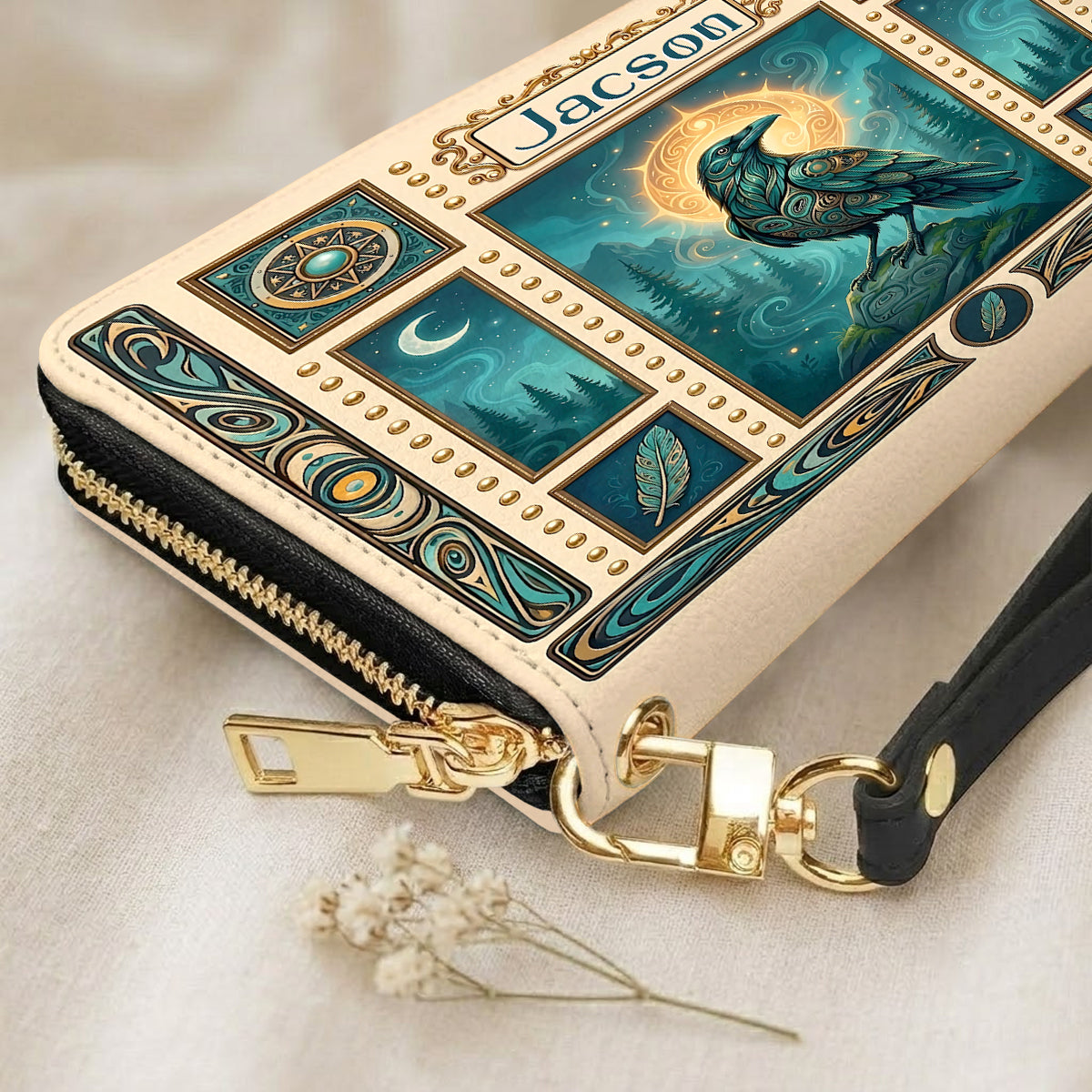 Native Raven Pattern Leather Bag