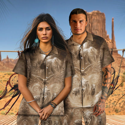 Native Wolf Pattern Hawaiian Shirt New - 86037