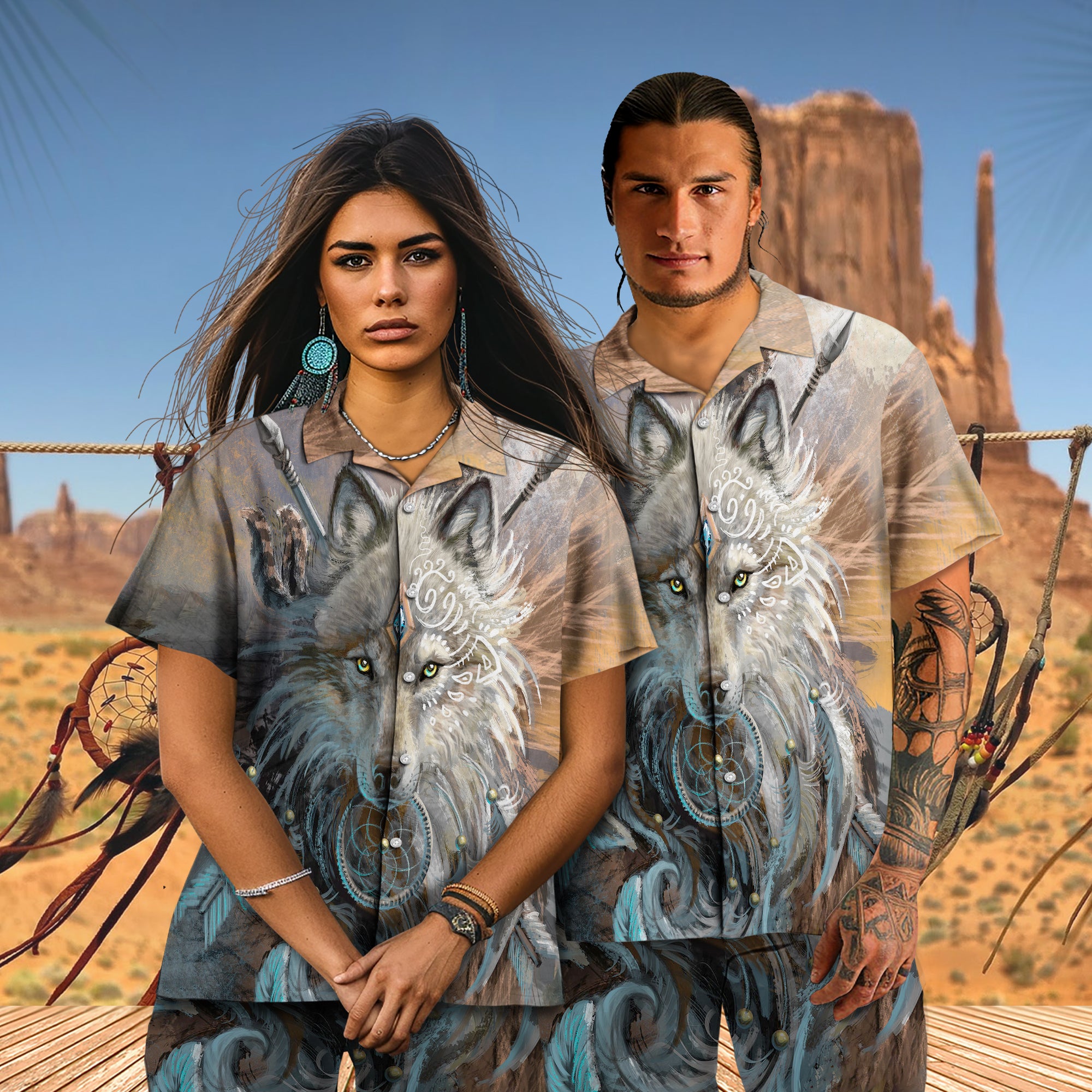 Native Wolf Pattern Hawaiian Shirt New - 86016