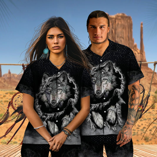 Native Wolf Pattern Hawaiian Shirt New - 86008