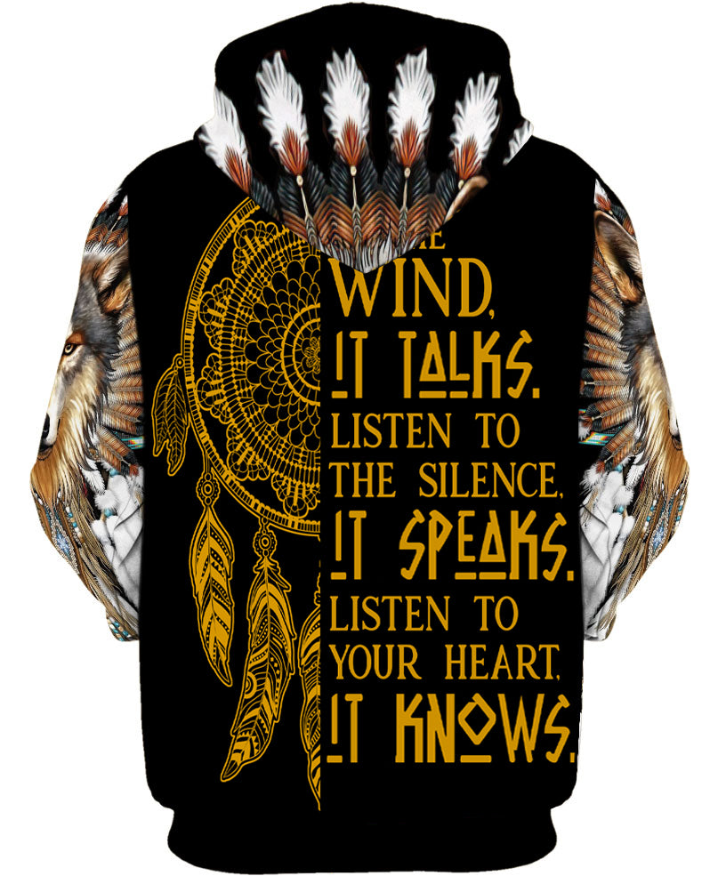 Wolf With Feather Headdress 3D Hoodie