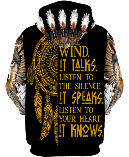Wolf With Feather Headdress 3D Hoodie