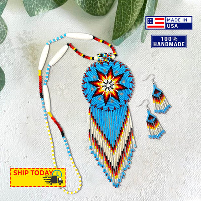 SALE 50 %OFF - Turquoise Blue Seed Bead Long Star Medallion Beaded Necklace Earrings