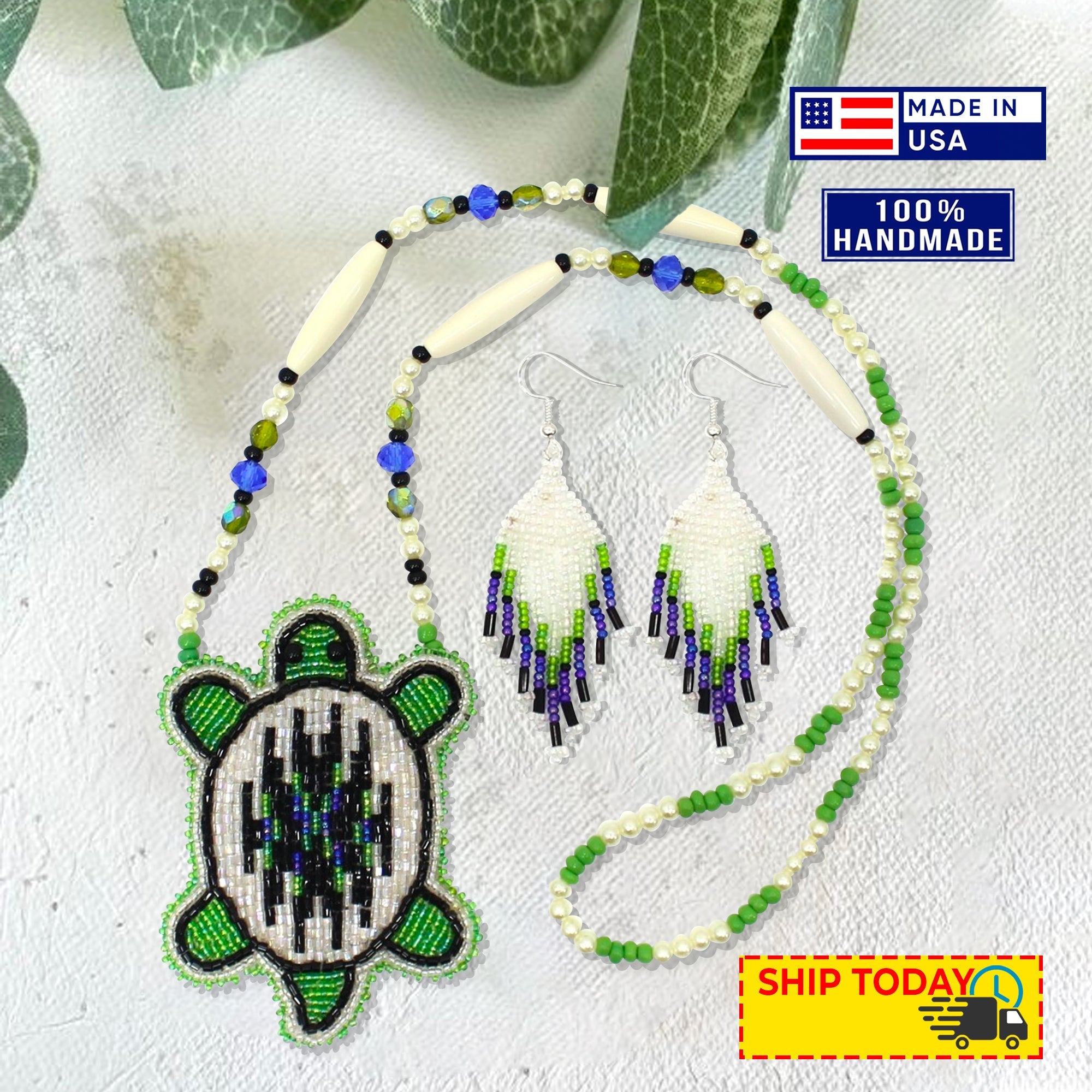 SALE 50 %OFF - New Handmade Blue Green White Turtle Long Necklace Earring Set