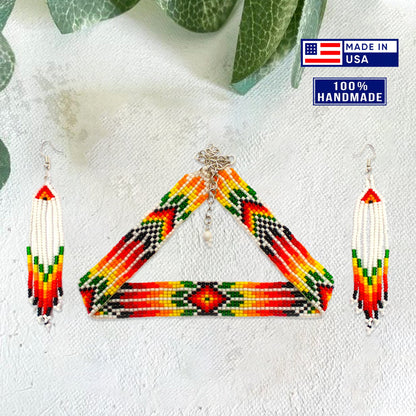 SALE 50 %OFF - Handmade Beaded White Orange Yellow Choker Necklace Earrings Set