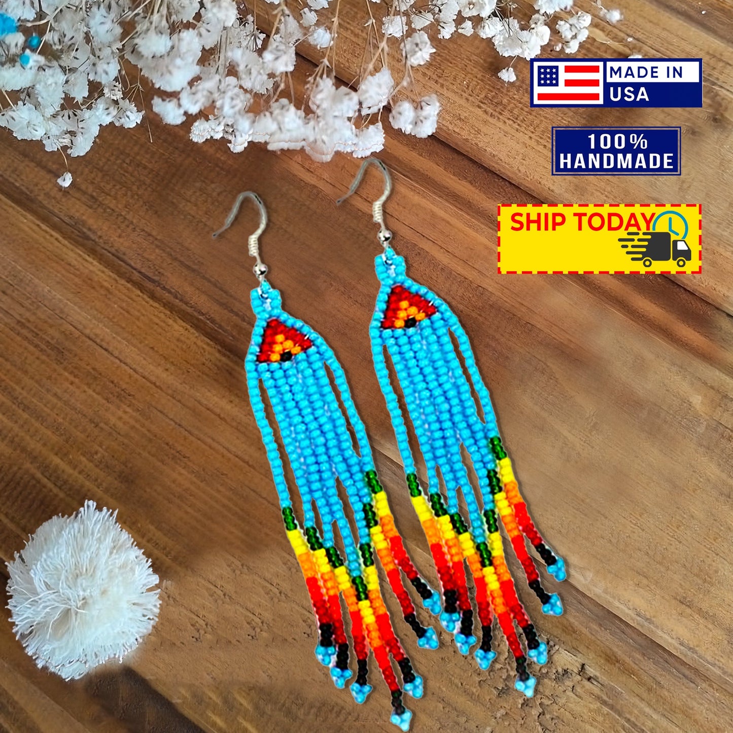 SALE 50 %OFF - Handmade Beaded Blue Orange Yellow Choker Necklace Earring Set