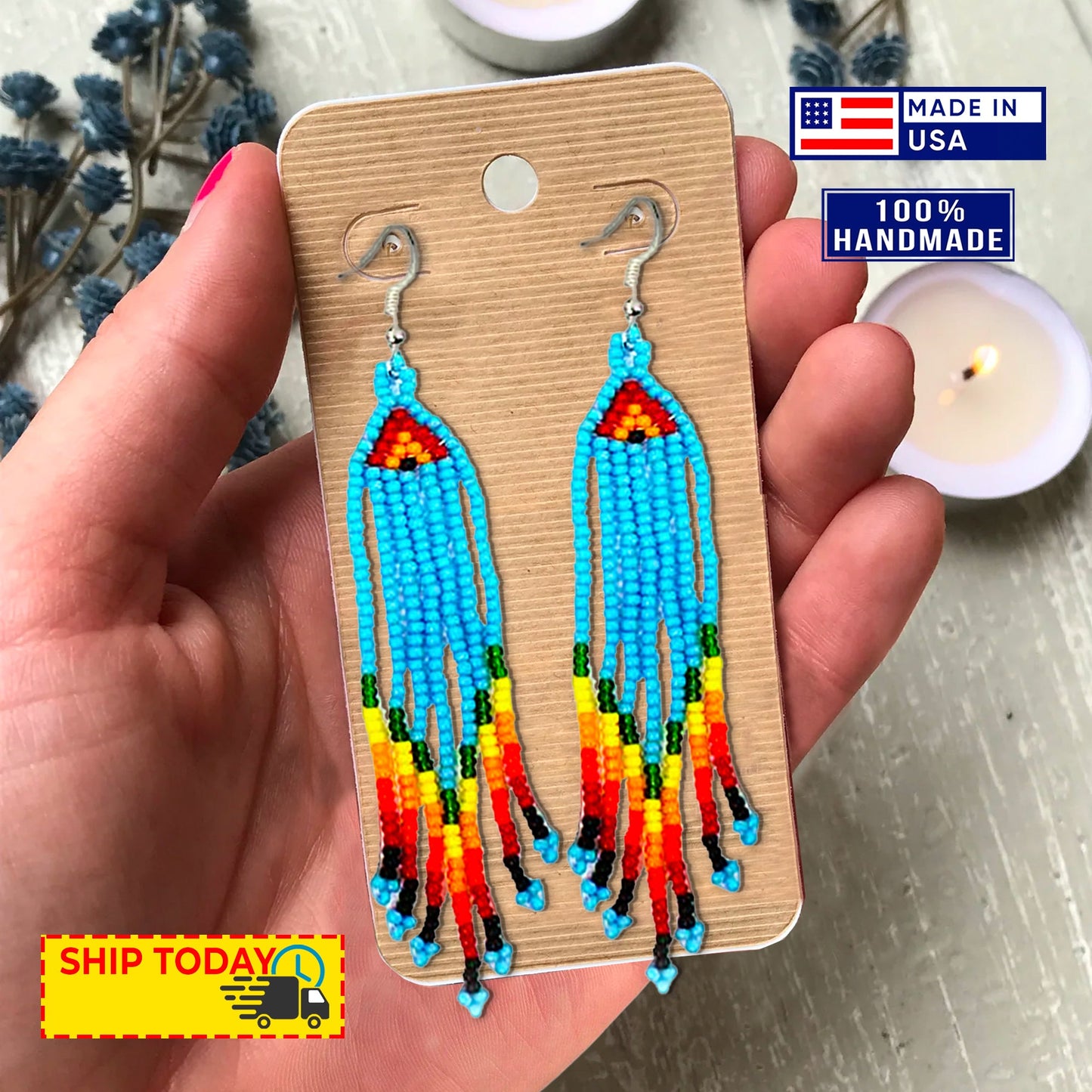 SALE 50 %OFF - Handmade Beaded Blue Orange Yellow Choker Necklace Earring Set