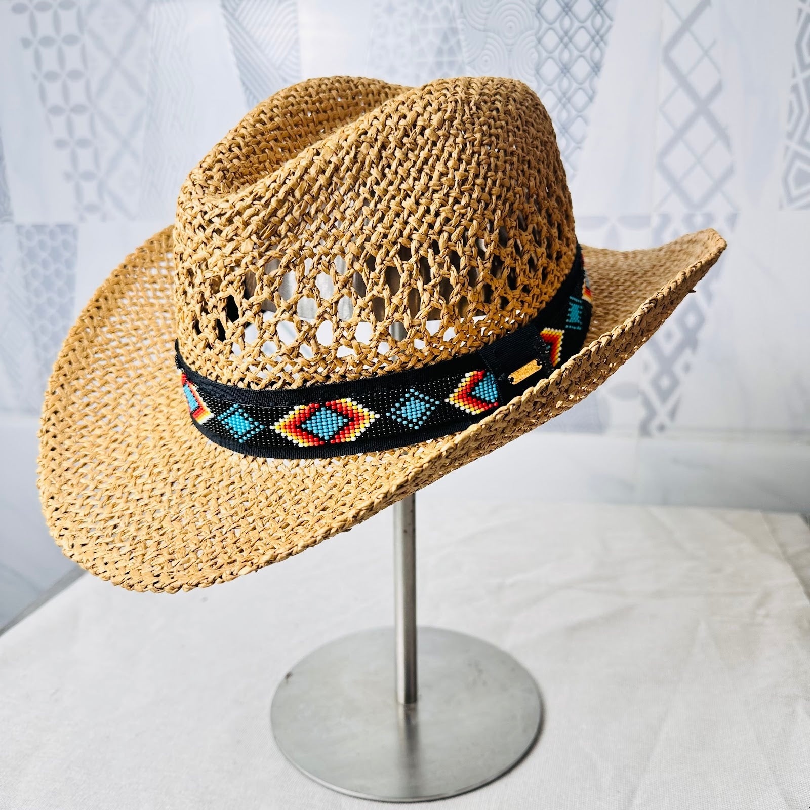 SALE 50% OFF - Straw Cowboy Cowgirl Hat With Hatband Beaded