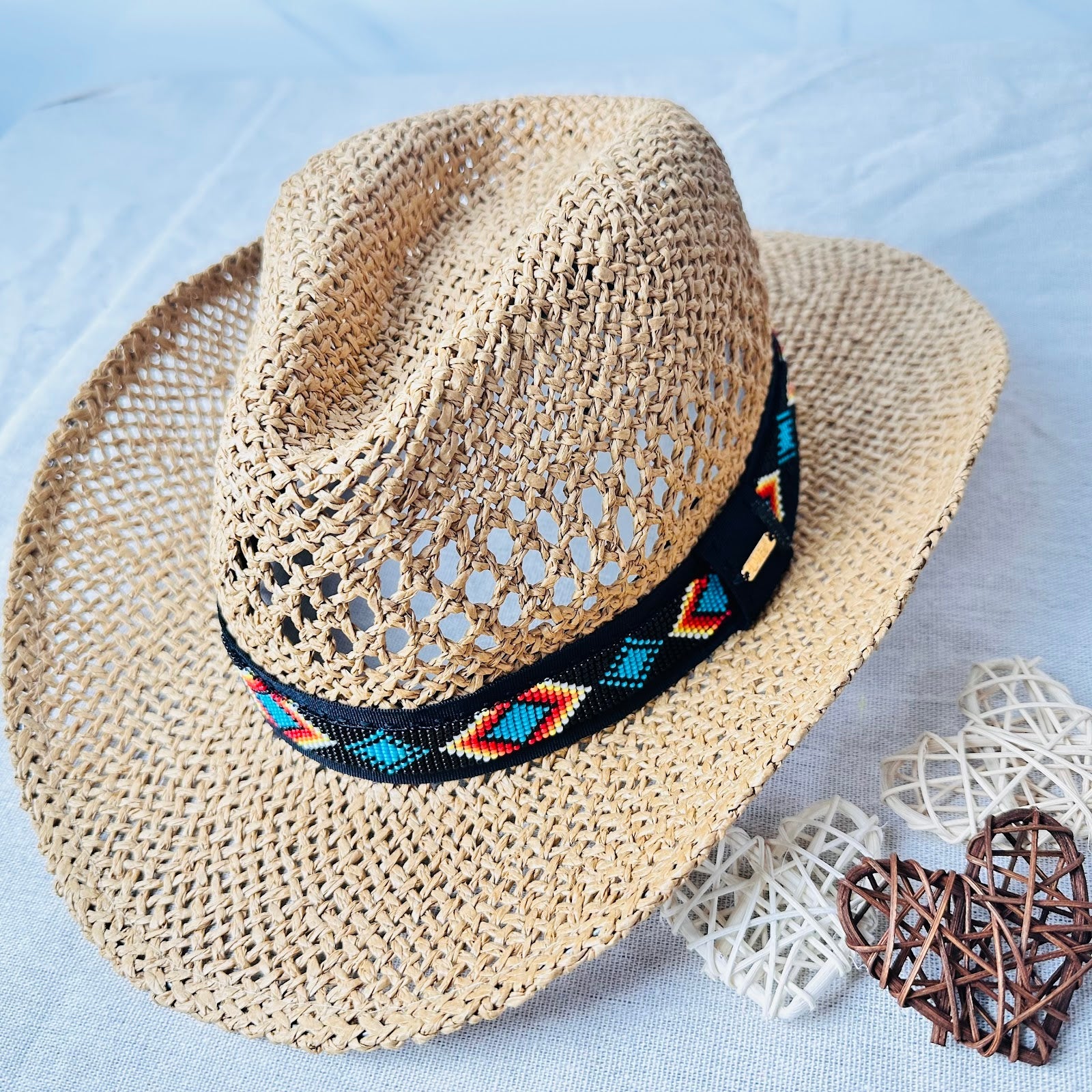 SALE 50% OFF - Straw Cowboy Cowgirl Hat With Hatband Beaded