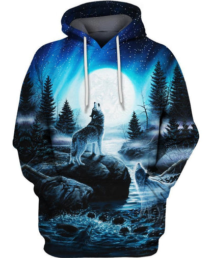 Wolf Blue Moon 3D Hoodie - Native American Pride Shop