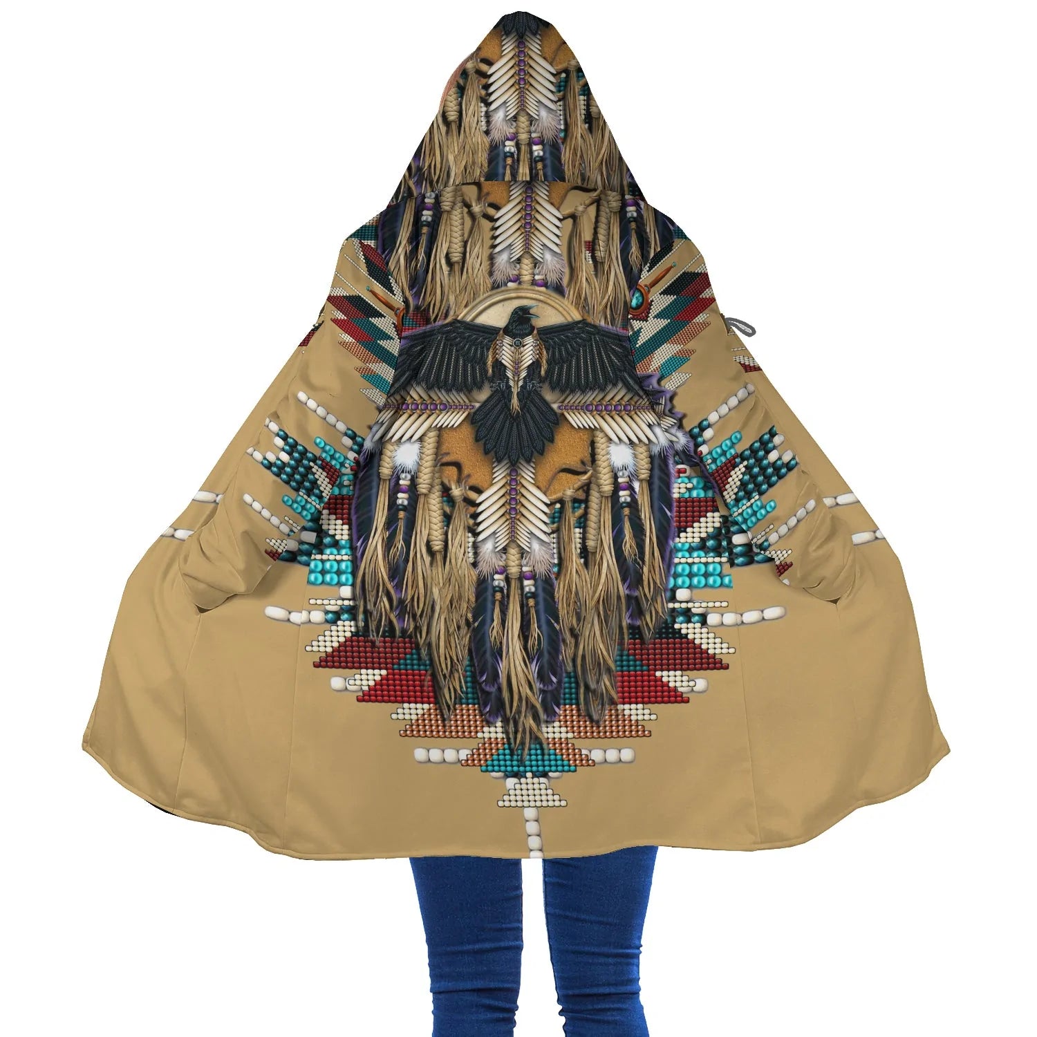 Native Eagle Pattern Horn Button Long Fleece Windbreaker