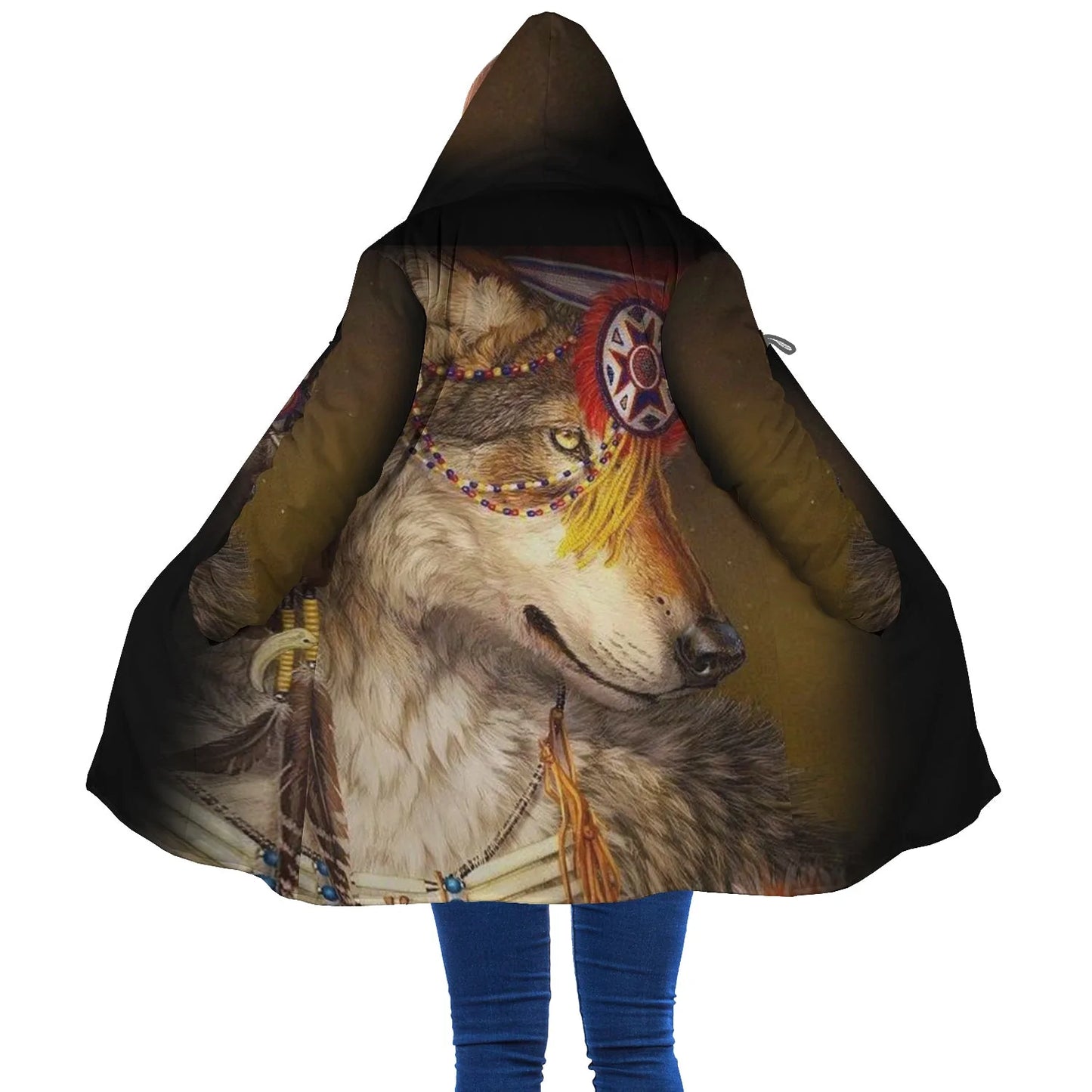 Wolf Spirit Horn Button Long Fleece Windbreaker