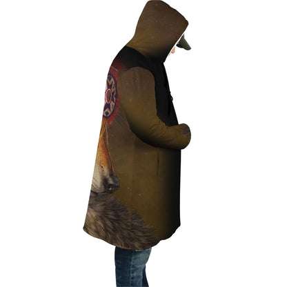 Wolf Spirit Horn Button Long Fleece Windbreaker