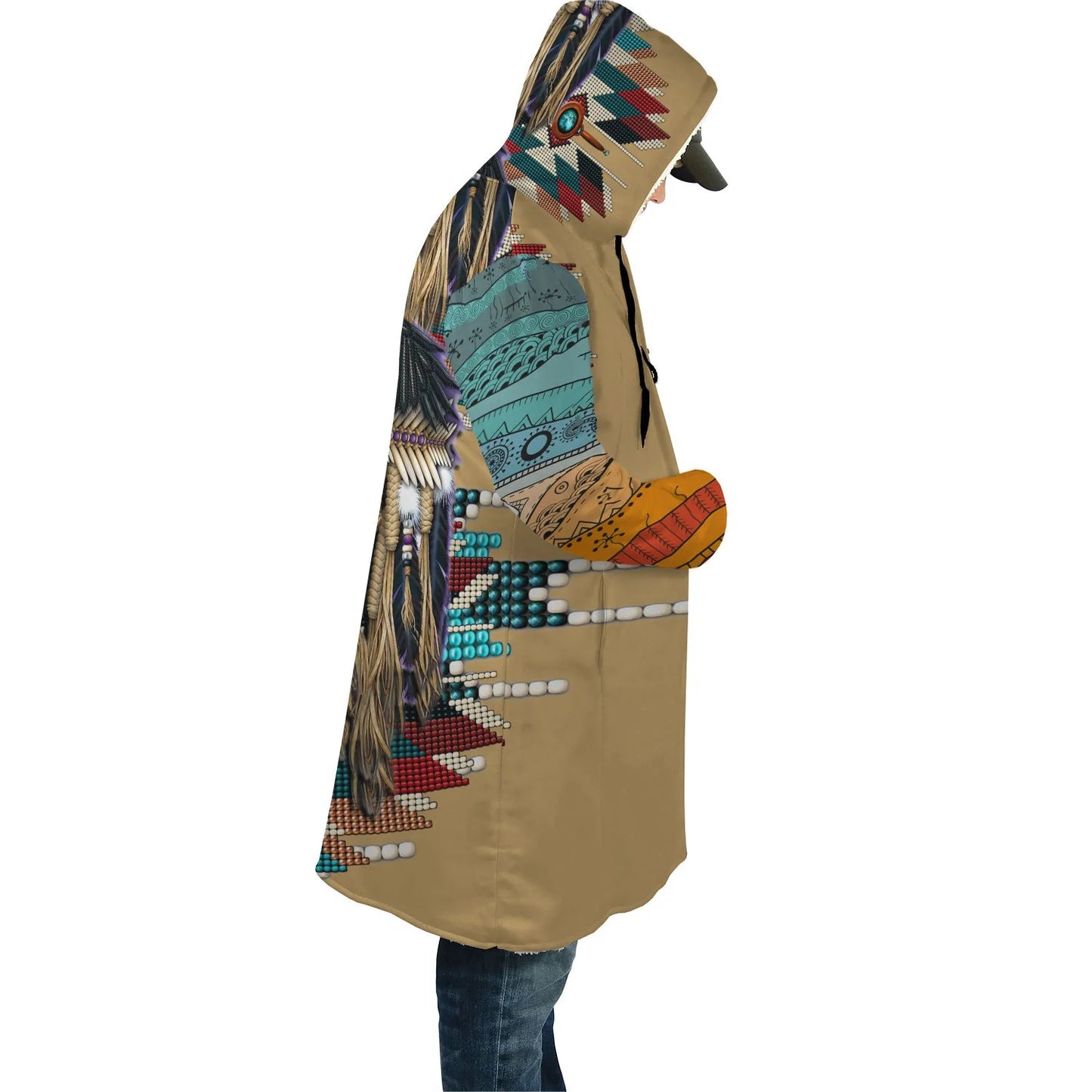 Native Eagle Pattern Horn Button Long Fleece Windbreaker