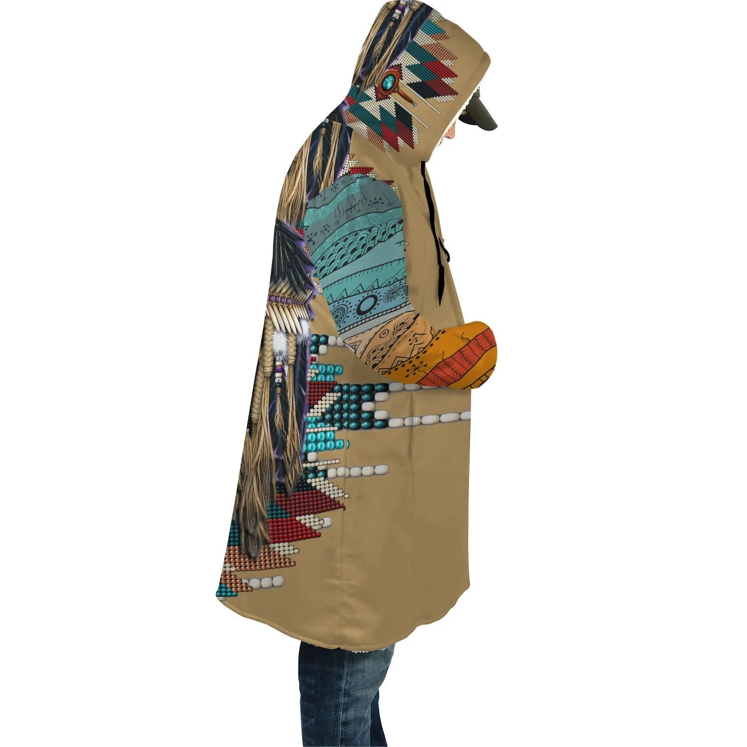 Native Eagle Pattern Horn Button Long Fleece Windbreaker