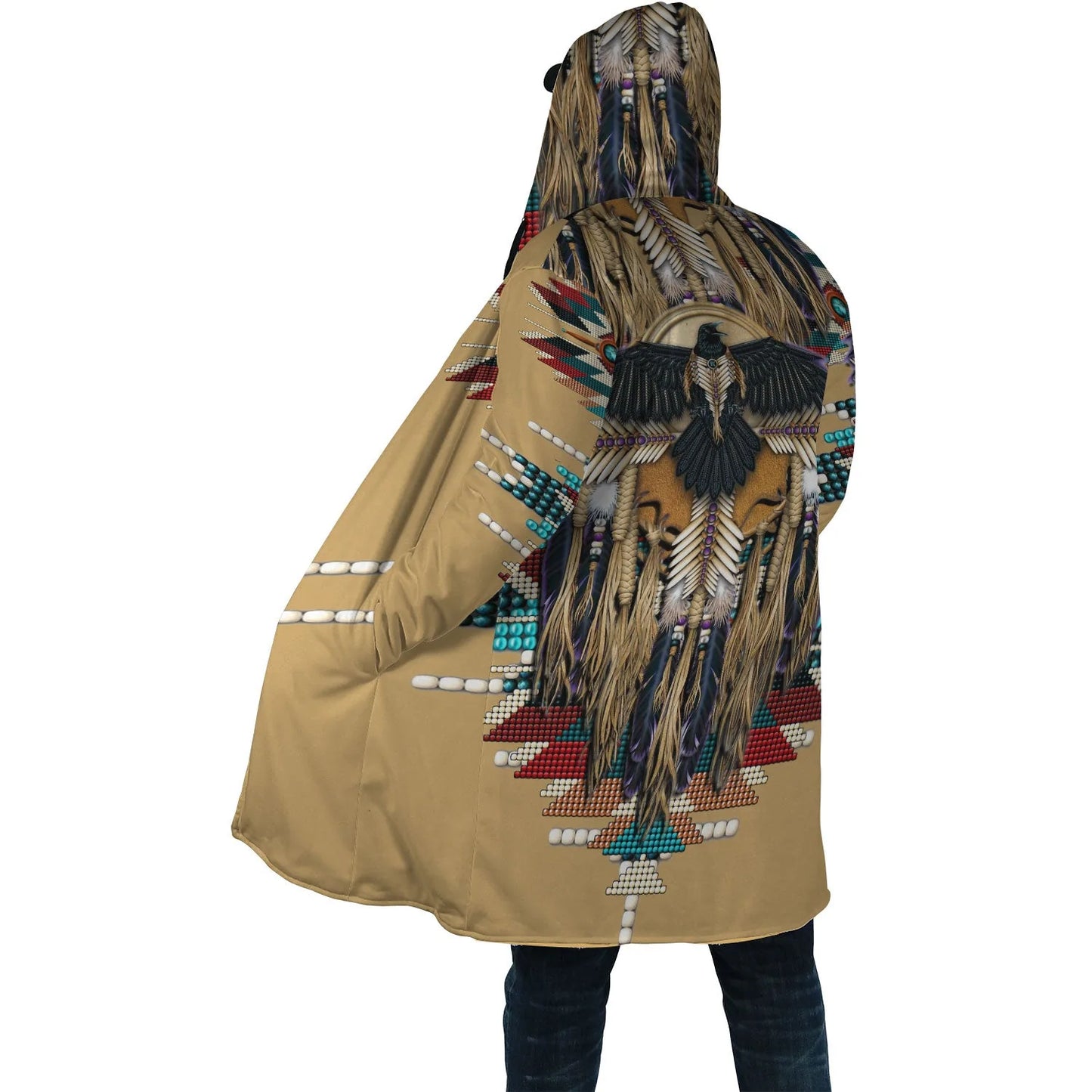 Native Eagle Pattern Horn Button Long Fleece Windbreaker