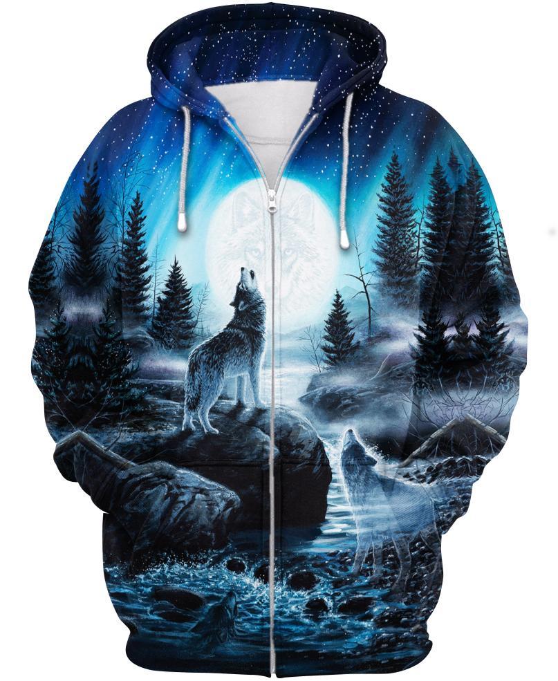 Wolf Blue Moon 3D Hoodie - Native American Pride Shop