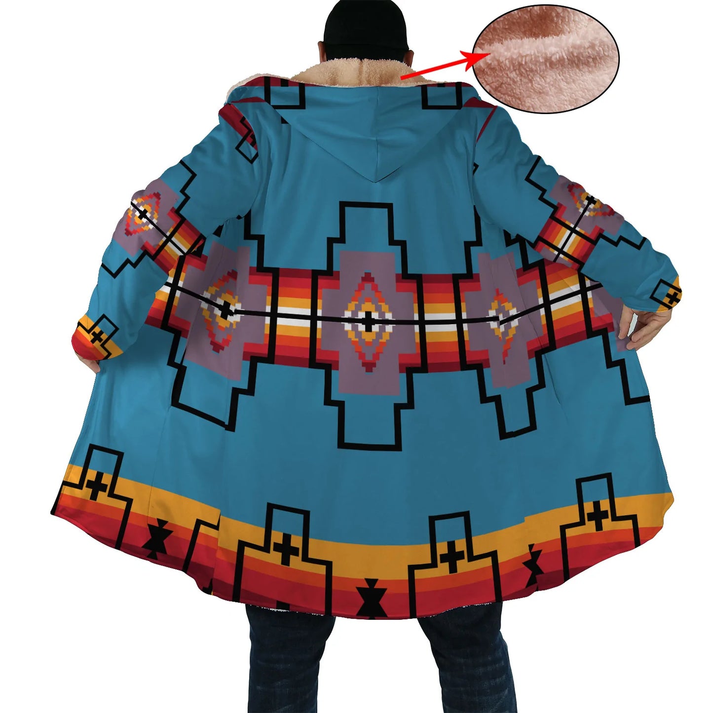 Native American Blue Pattern Horn Button Long Fleece Windbreaker NBD