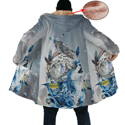 Wolf & Fish Water Art Horn Button Long Fleece Windbreaker NBD