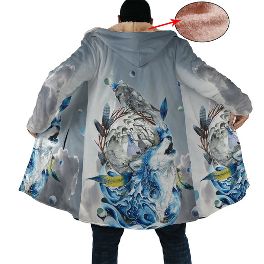 Wolf & Fish Water Art Horn Button Long Fleece Windbreaker NBD