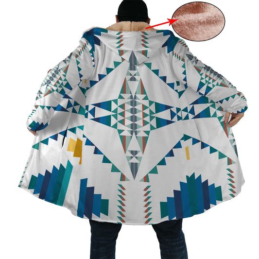 White & Blue Pattern Horn Button Long Fleece Windbreaker NBD