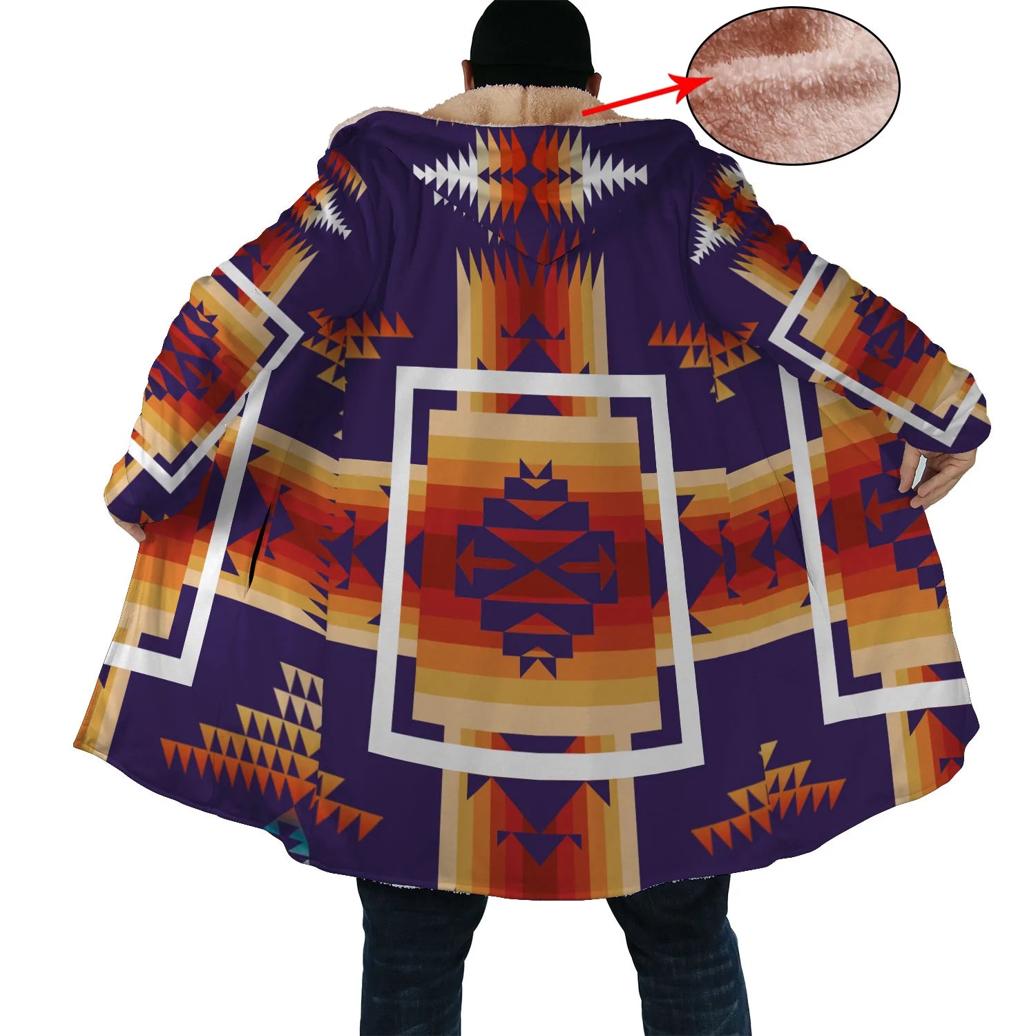 Violet & Orange Pattern Horn Button Long Fleece Windbreaker