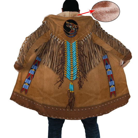 Native American Pattern Horn Button Long Fleece Windbreaker NBD