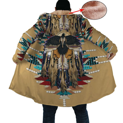 Native Eagle Pattern Horn Button Long Fleece Windbreaker
