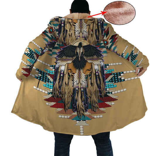 Native Eagle Pattern Horn Button Long Fleece Windbreaker