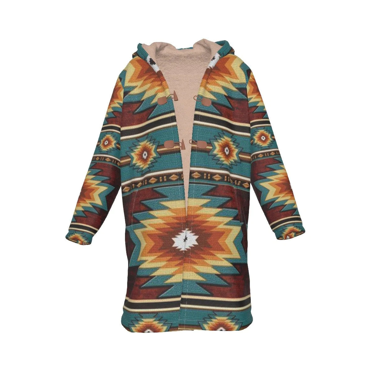 Native American Pattern Horn Button Long Fleece Windbreaker NBD
