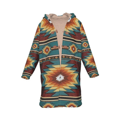 Native American Pattern Horn Button Long Fleece Windbreaker NBD