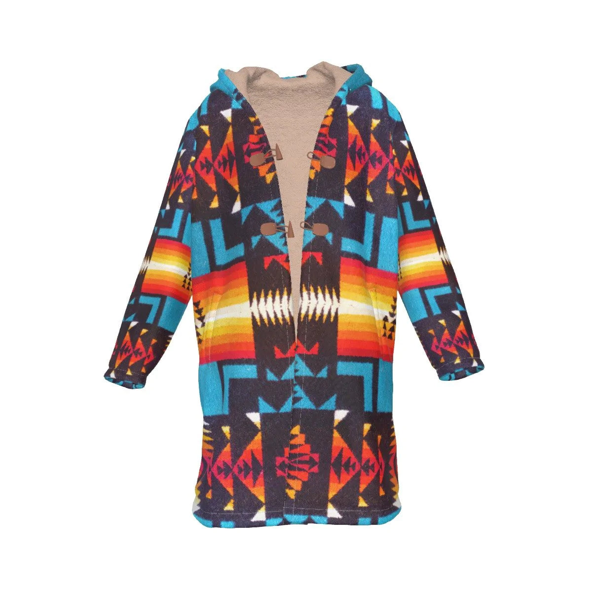 Native American Culture Pattern Horn Button Long Fleece Windbreaker