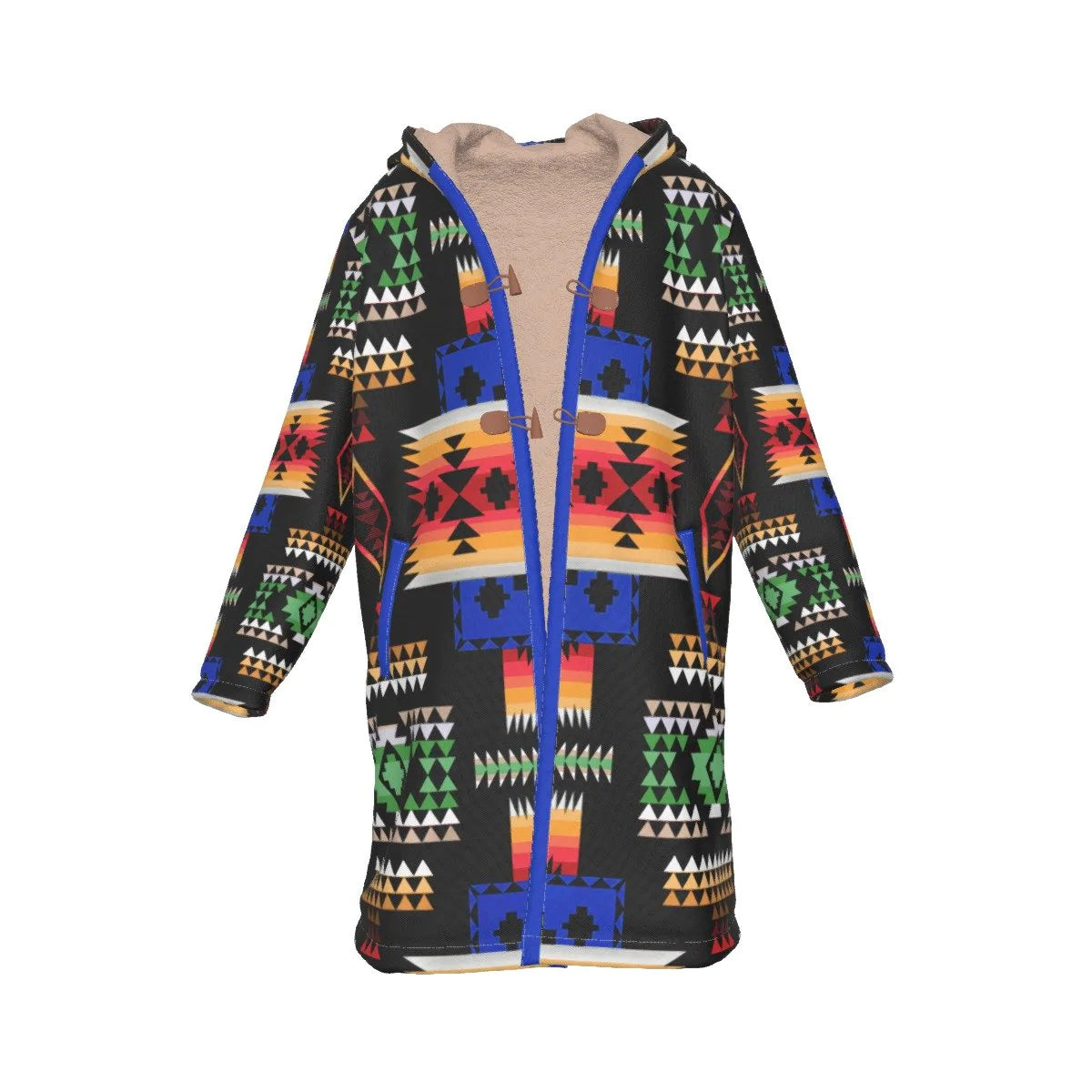 Native American Culture Pattern Horn Button Long Fleece Windbreaker