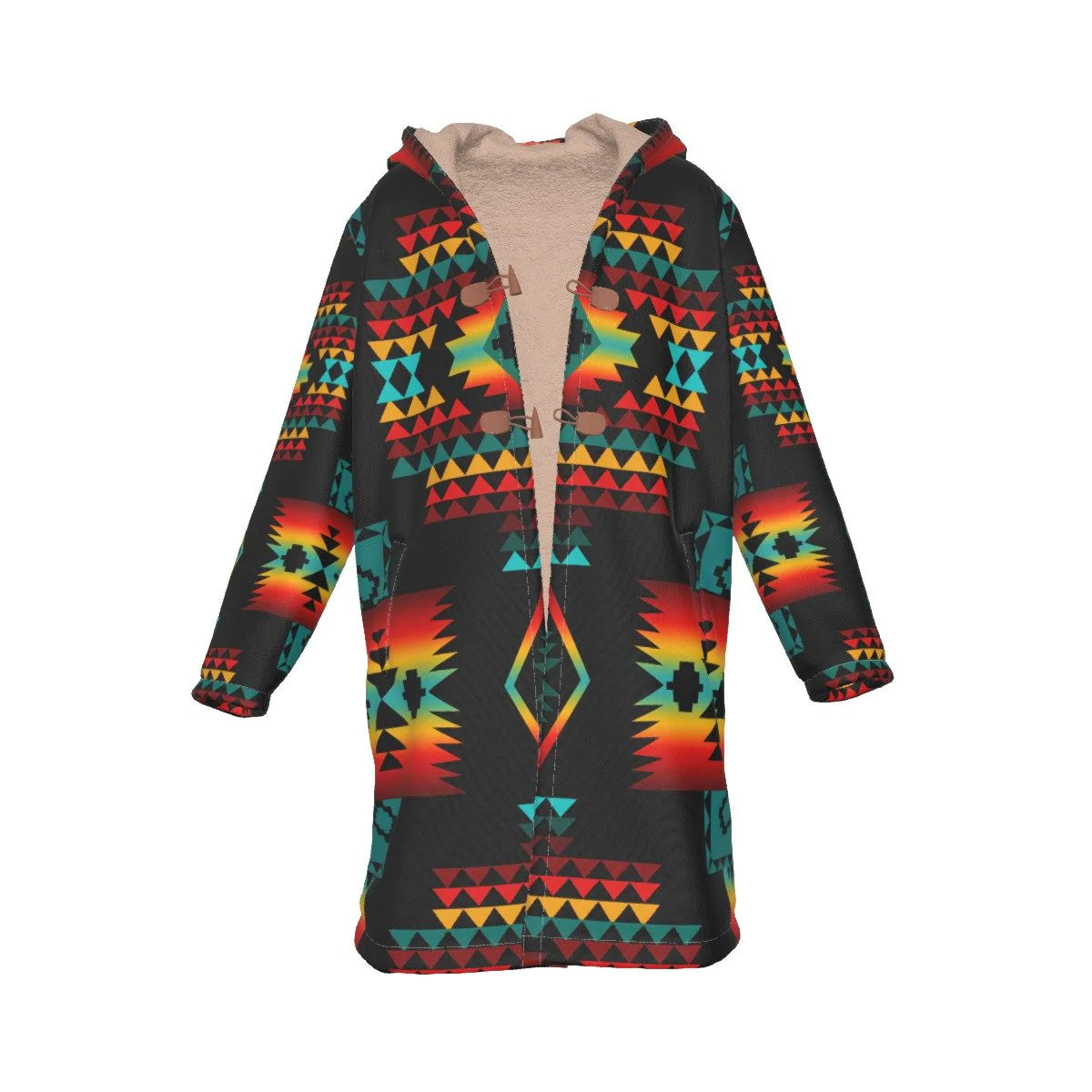 Native American Culture Pattern Horn Button Long Fleece Windbreaker